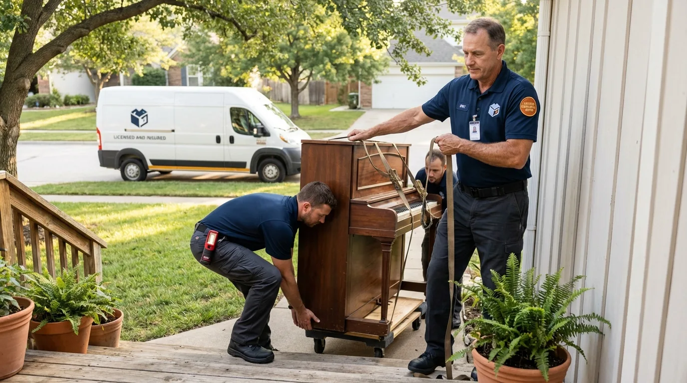 Licensed piano movers securing grand piano in New York Mills, MN