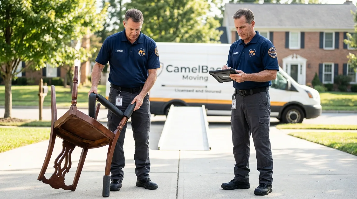 Movers inspecting furniture for damage prevention before loading in New York Mills, MN