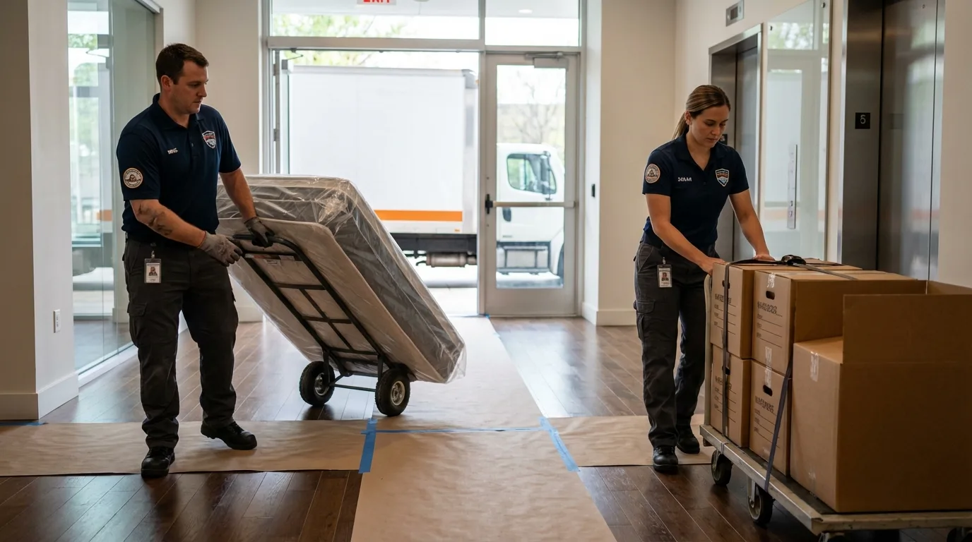 Professional apartment movers loading elevator in New York Mills, MN