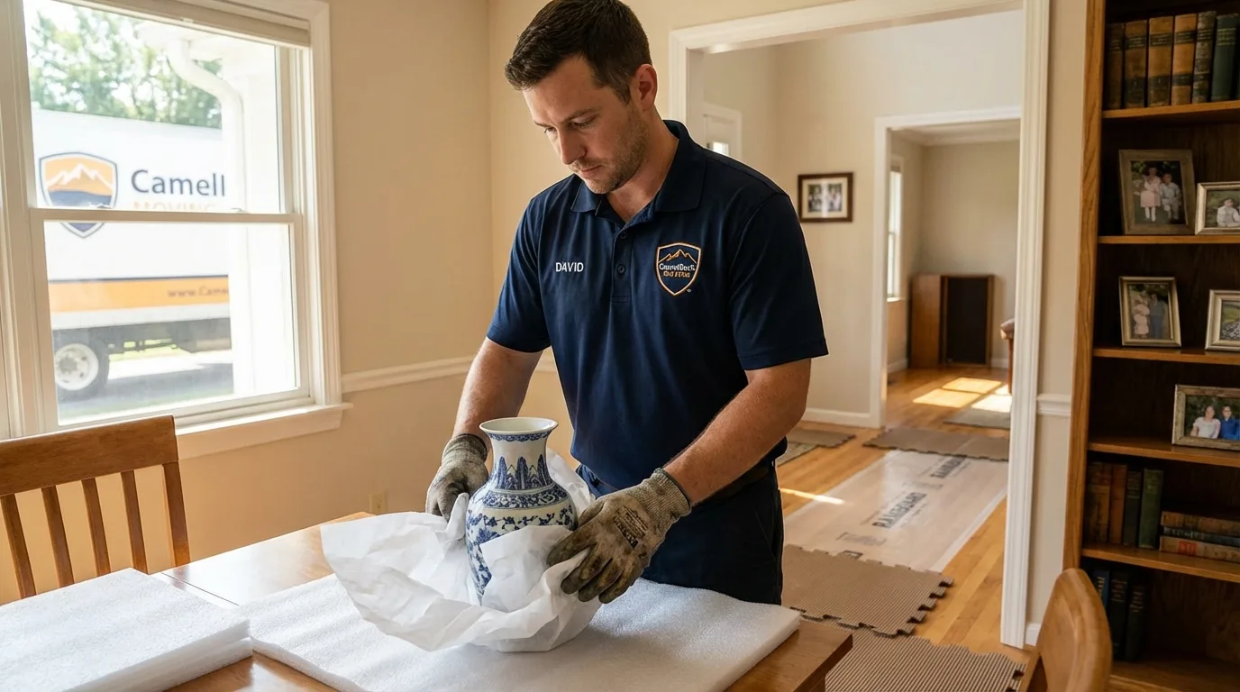 Professional crew carefully wrapping antique vase for senior downsizing move in New York Mills, MN