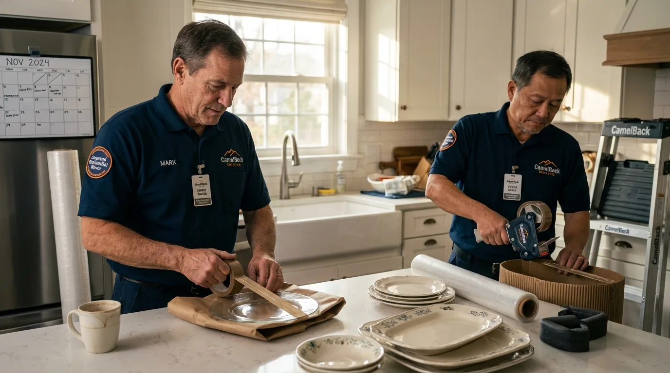 Professional crew packing kitchen dishware in New York Mills, MN